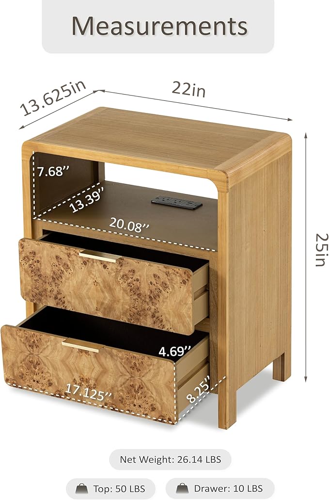 LONYKE Burl Finish Nightstand with Charging Station, Side Table with Power Outlet and USB & Type C Ports, Wood Bedside Table for Bedroom, Fully Assembled, Rustic, Natural, Farmhouse