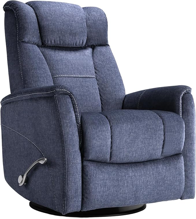 360° Swivel Rocking Recliner, Manual Comfy Nursery Glider Rocker Chair for Indoor Bedroom, Upholstered Soft Fabric Living Room Reclining Chair with Lumbar Support for Adults (Blue)