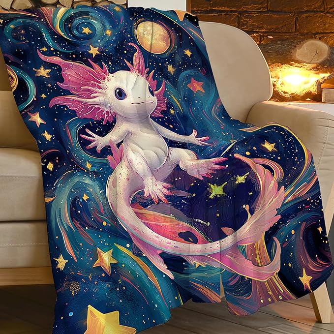 Axolotl Blanket Outer Space Salamander Gifts Throw Blanket Super Soft Flannel Lightweight Fluffy Plush Cozy Fuzzy Fleece Axolotls Decor Blanket for Girl Woman Boys Kids Adults for Bed Sofa 40"X50"