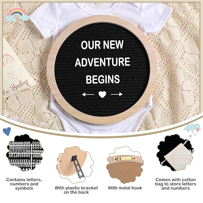8 Pcs Pregnancy Announcement Set Pregnancy Reveal Ideas Include Felt Letter Round Board Kit Baby Bodysuit Booties Wood Blocks Wooden Signs for Coming Soon Baby Announcement(Black)