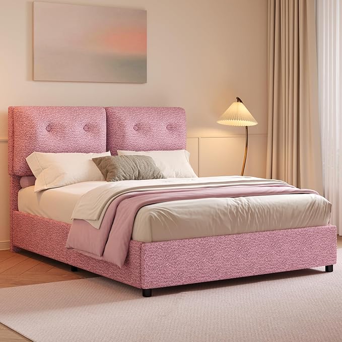 Full Size Bed Frame with Headboard, Cloud Boucle Upholstered Bed Frame, Modern Soft Style, Adjustable Headboard, No Box Spring Needed, Easy Assembly, Pink