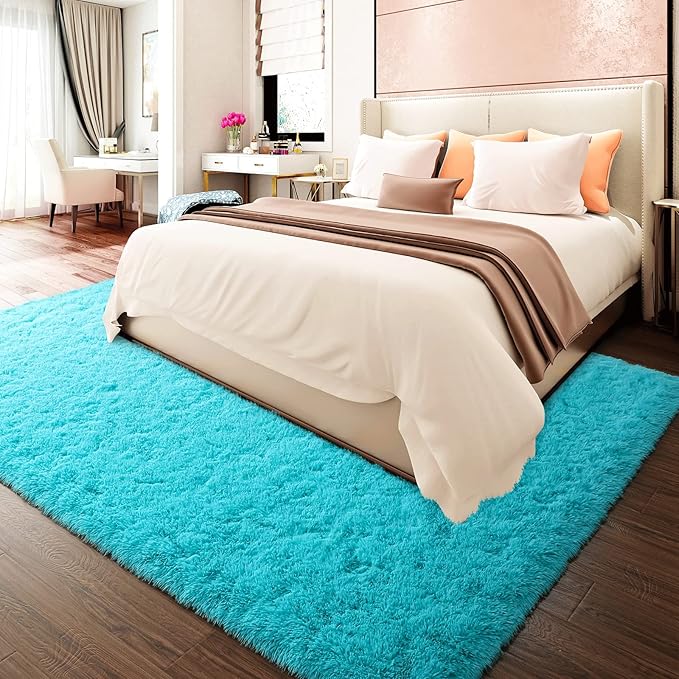 Merelax Soft Modern Indoor Large Shaggy Rug for Livingroom Bedroom Dorm Kids Room Home Decorative, Non-Slip Plush Fluffy Furry Fur Area Rugs Comfy Nursery Accent Floor Carpet 6x9 Feet, Teal Blue