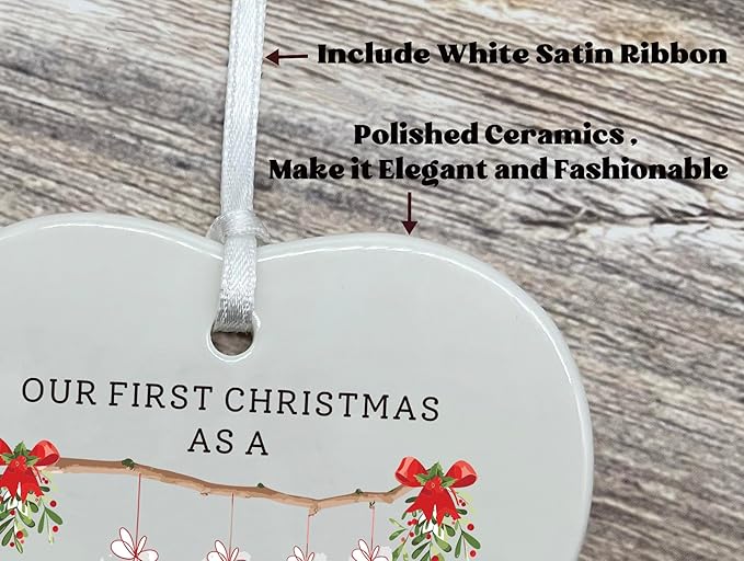 2025 Our First Christmas as a Family of Four-Parents Mom Dad Gift for New Baby Newborn-The Second Kid-Xmas Stocking Theme-Ceramic Hanging Heart Shaped Ornament-Double Sided Printed