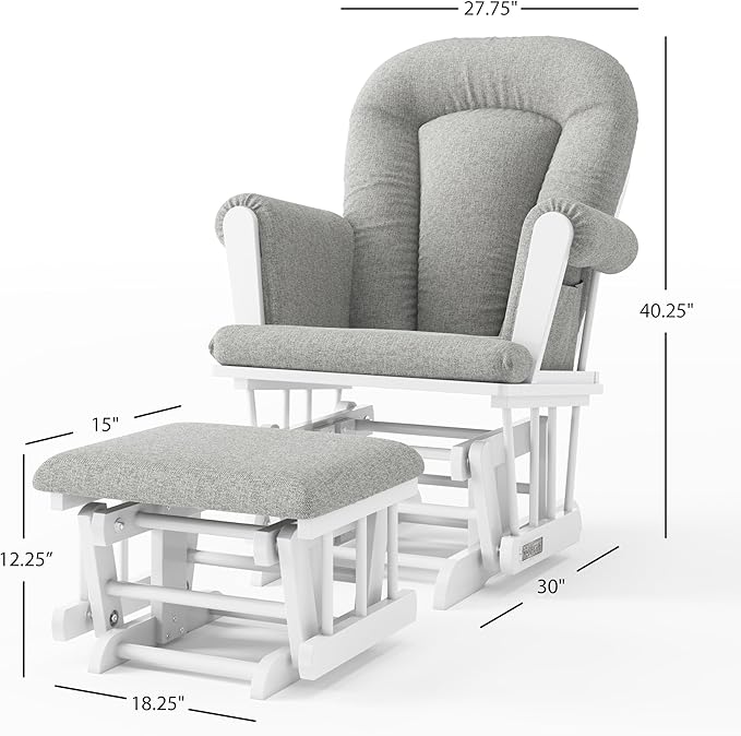Child Craft Cozy Glider Rocker and Ottoman Set, Padded Cushion with Convenient Storage Pockets, Solid Wood Base & Frame (Matte White with Gray Cushion)