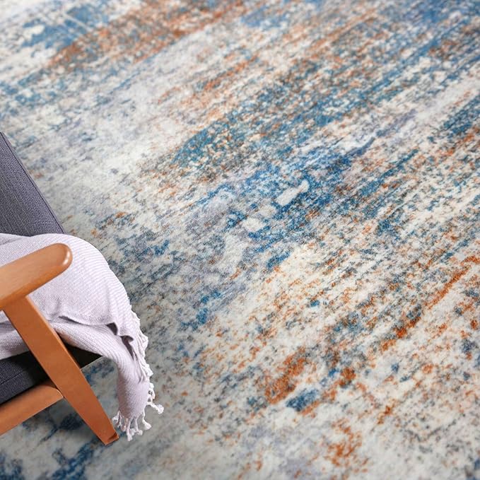 IOHOUZE Abstract Area Rugs 8x10 Ft Washable Large Rugs for Living Room, Non Slip Dining Room Rug, Printed Faux Wool Rugs for Bedroom, Floor Carpet for Office Nursery Playroom, Blue Rust