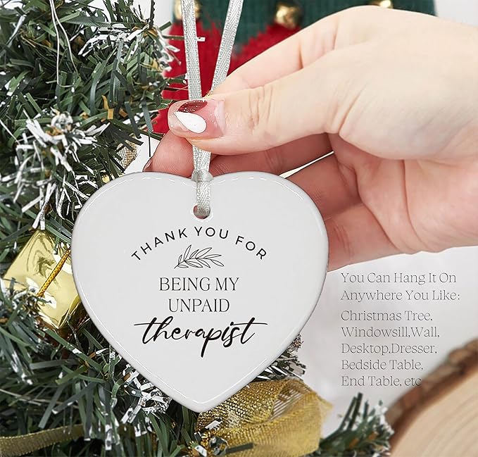 Heart Shaped Christmas Ornament-Therapist Friendship Gift for Women Teen Girls Friends Thank You for Being My Unpaid Therapist Birthday Ceramic Keepsake with Gift Box