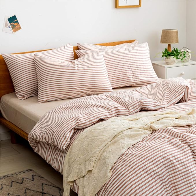 JELLYMONI 100% Natural Cotton 3pcs Striped Duvet Cover Sets,White Duvet Cover with Pink Stripes Pattern Printed Comforter Cover,with Zipper Closure & Corner Ties(Queen Size)