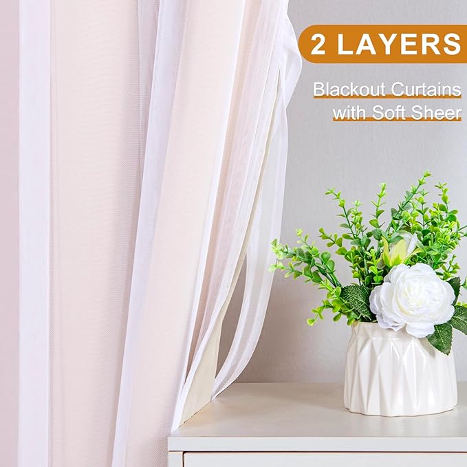 DWCN Beige Layered Curtains for Living Room Blackout and Sheer Curtains Grommet Top Window Treatment with Sheer Overlay for Bedroom, 38 W by 63 L, 2 Pieces