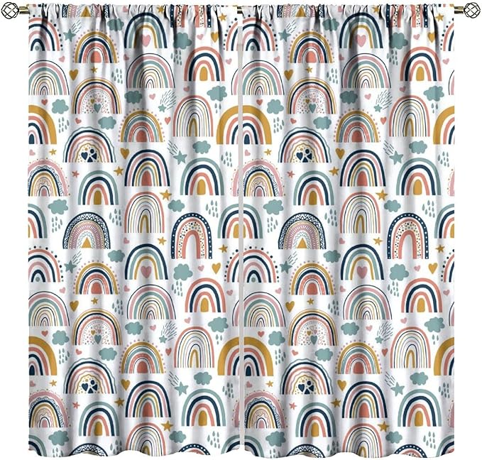Kids Rainbow Curtains Boho Cartoon Colorful Stars Love Heart Lovely Abstract Art Pattern Print Window Drapes for Girl Bedroom Living Room Kitchen Decor,2 Panel Set,84Wx84H Inch Blackout