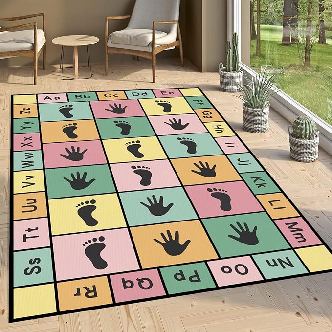 Hopscotch Play Rugs Kids, ABC Alphabet Education Carpet, Playroom Bedroom Living Room Decor Learning mat (Pink,47x71 in)