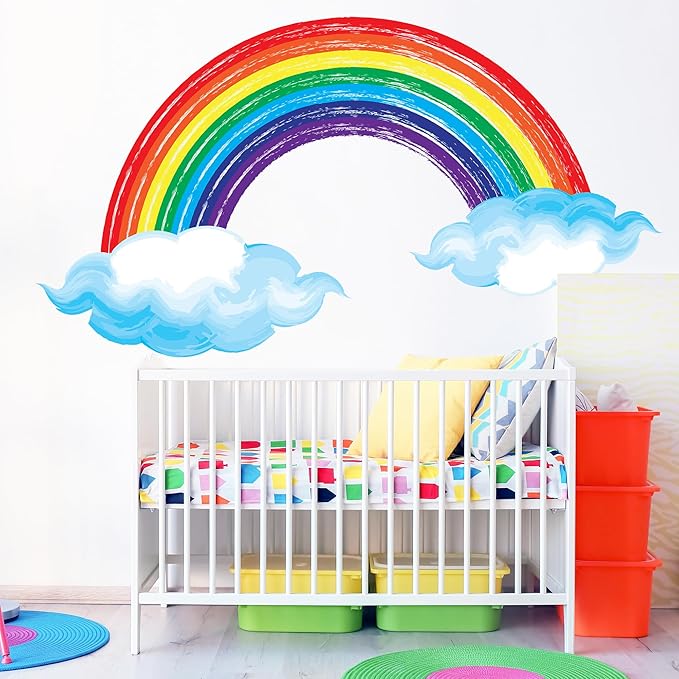 Watercolor Rainbow Wall Decals Lovely Rainbow Wall Stickers for Kids Room, Large Cloudy Rainbow Room Decor Waterproof Peel and Stick Wall Art Murals for Nursery Classroom