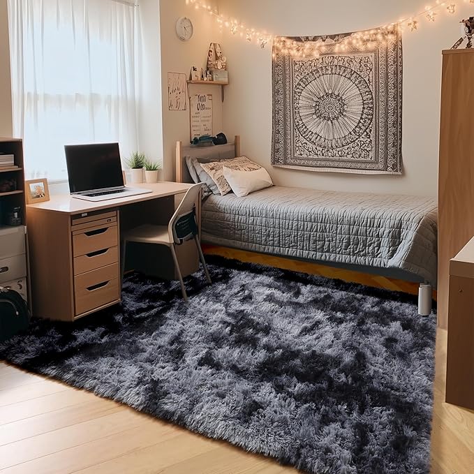ONASAR Area Rugs for Bedroom Living Room, Washable Fluffy Tie-Dyed Dark Grey 4x6 Indoor Bedside Floor Throw Rug, Soft Plush Shaggy Carpet for Nursery Kids Girls Boys Teen Dorm Home Office Decor