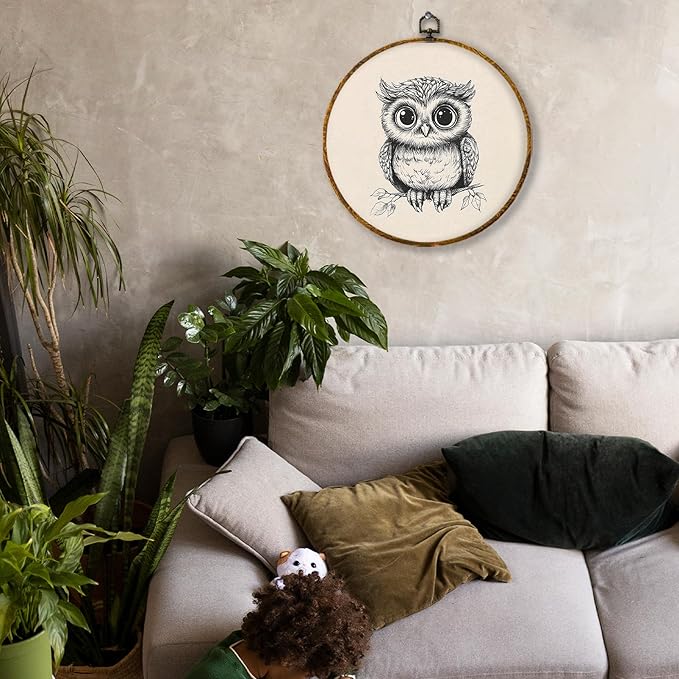 Hiuwevt Vintage Owl Round Wall Art Decor, Cottagecore Neutral Owl Framed Canvas Prints, Retro Rustic Forest Wildlife Round Wall Hanging Decor for Home Nursery Kids Bedroom Decorations, 10x10 Inches