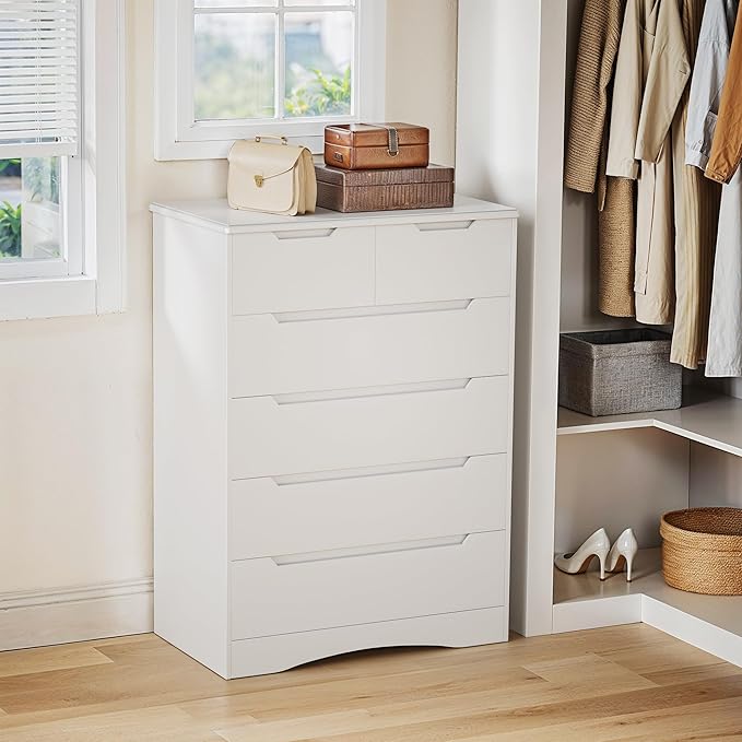 Gizoon 6 Drawer Dresser, Chest of Drawers with Large Storage, White Dressers for Bedroom, Tall Dresser and Organizer with Anti-Tripping, Wooden Cabinet for Office, Living Room, Entryway