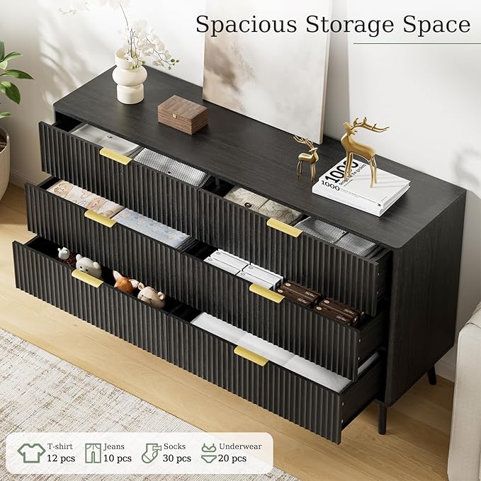 LYNSOM 55" Wide Fluted Dresser for Bedroom with 7 Drawer, Modern Chest of Drawers with Curved Profile Design and Metal Handles, Wood Dresser TV Stand & Storage Organizer for Living Room, Black
