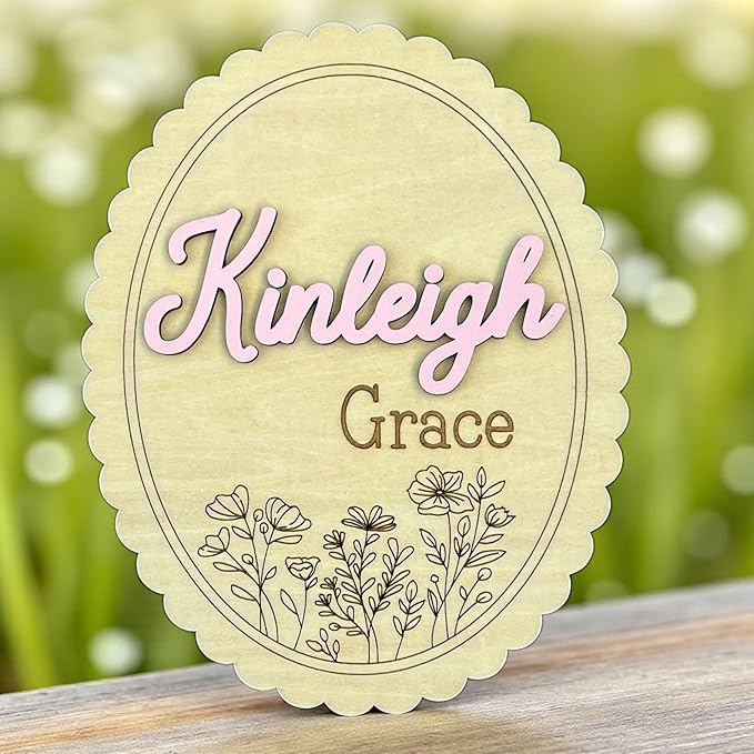 Personalized 3D Baby Name Sign with Floral Design, Scallop Engraved Birth Announcement Plaque, Baby Shower - Newborn Keepsake (Name Sign)