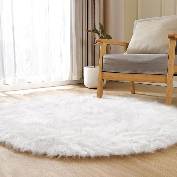White Fluffy Faux Fur Rugs for Bedroom Sheepskin Machine Washable Shag Area Rugs for Living Room Small Circle Boho Round Rug 3ft