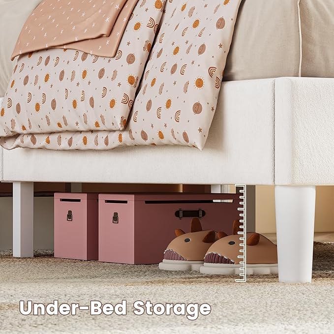 ADORNEVE Full Bed Frame with LED Lights, Princess Velvet Upholstered Platform Bed for Girls, Headboard with Charging Station & Guardrail & Crystal Button, No Box Spring Needed,Beige