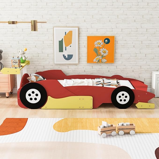 Flieks Twin Size Race Car-Shaped Platform Bed Frame for Boys Girls Kids Adults Toddler with Wheels,Red