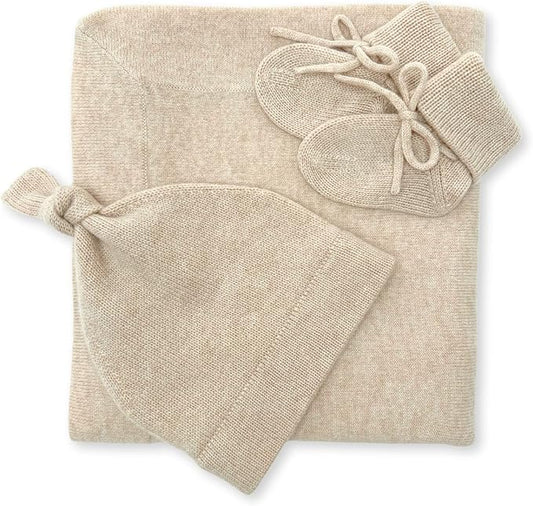 Jet&Bo BABY 100% Cashmere Baby Blanket, Beanie and Booties Gift Set Luxe Knit Brown Sugar – Unisex, Size 0-6 Months - Gift Box and Card Included