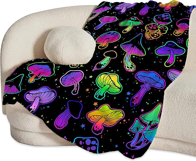 Colorful Mushroom Gifts and Decor - Soft Warm Cozy Fleece Mushroom Blanket for Girls, Women, Kids, Adults - 80"x60"