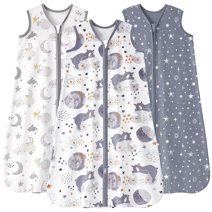 Baby Sleep Sack 18-24 months, 100% Cotton Sleeping Sack for Newborn and Infant, 3 Pack Baby Wearable Blanket for Boy and Girl, 0.5 Tog Lightweight Double Zipper Sleep Bag Grey Moon Bear