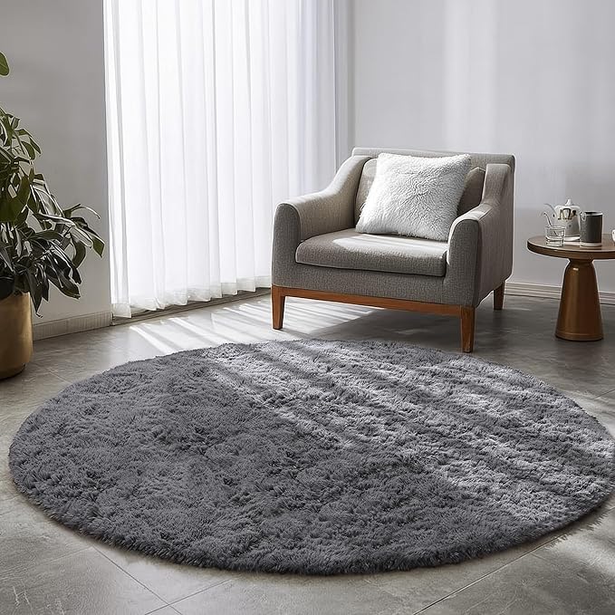 Amdrebio Grey Round Rugs 6Ft for Bedroom Living Room Decor, Fluffy Shaggy Circle Area Rug for Kids Room Classroom Playroom, Large Furry Floor Circular Gray Carpet for Teen Girls Boys Nursery Dorm