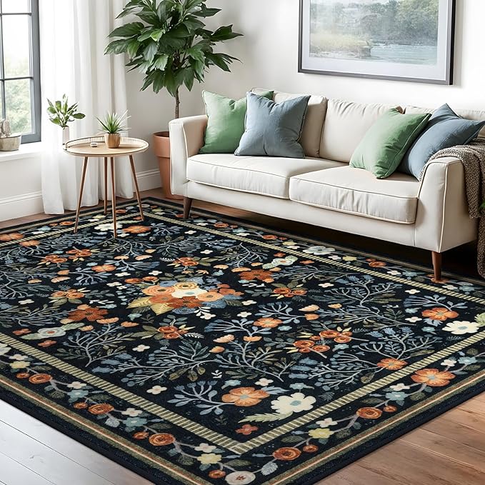 Area Rugs for Living Room 6x9, Washable Non-Slip Thin Floral Vintage Boho Rug for Bedroom Dining Room Office, Non-Slip Rug for Kitchen Indoor Lightweight Carpet, Black/Multi