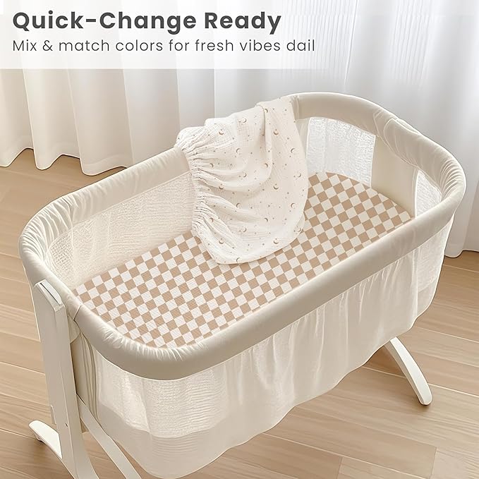 Konssy 2 Pack Muslin Bassinet Sheets for Baby Boy, 100% Cotton Soft Breathable Bassinet Mattress Sheets Fit for Hourglass Oval Cradle Rectangle Mattress (Coffee Check,Moon)