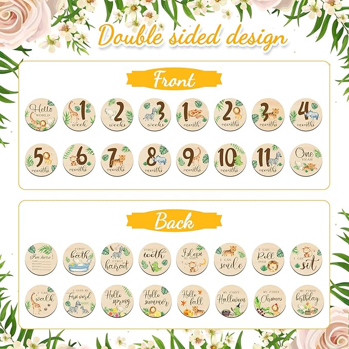 Tiamon 16 Pieces Wooden Baby Monthly Milestone Cards Monthly Milestone Marker Discs Double Sided Wooden Circles Months Signs for Baby Shower Newborn Photo Props (Jungle Animal)