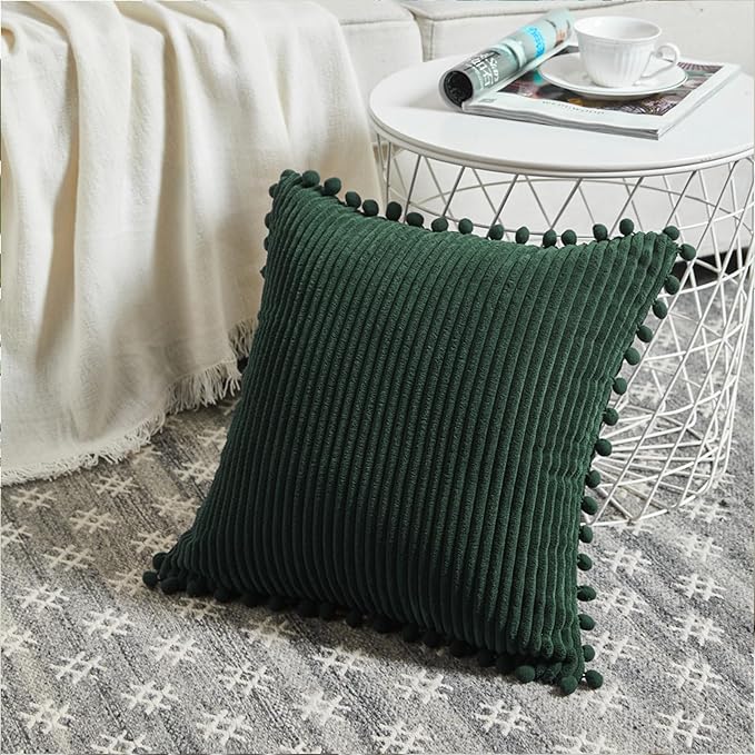 Fancy Homi Pack of 2 Dark Green Decorative Throw Pillow Covers 26x16 Inch with Pom-poms for Couch Bed Living Room, Soft Corduroy Solid Square Cushion Case 66x66 cm, Farmhouse Boho Home Decor