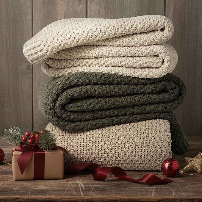 EVERGRACEHOME Chunky Chenille Knit Throw Blanket for Couch, Soft Luxurious Oversized Queen Moss Stitch Blanket for Bed, Large Cozy Farmhouse Knitted Throw for Sofa, Beige, 90" x 90"
