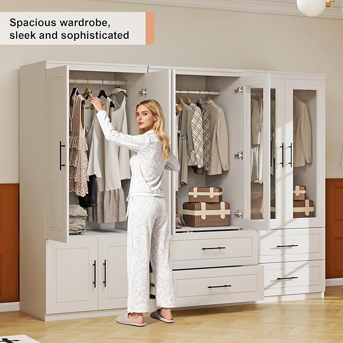 White Armoire Wardrobe Closet with 6 Door: Combination Wood Wardrobe Closet with Glass Door Wooden Bedroom Armoire 4 Drawer with Hanging Rods for Home/Bedroom/Living Room