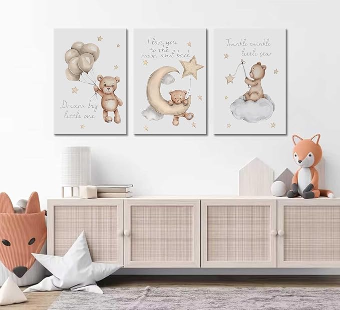 3Pcs Teddy Bear Wall Art Cute Little Bears Wall Decor Slepping Teddy Bears Posters Prints Moon Star Cloud Neutral Nursery Canvas Pictures for Kid's Room or Bedroom Painting Framed