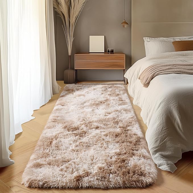 ONASAR Runner Rugs for Bedroom Living Room, Tie-Dyed Beige 2x6 Washable Bedside Hallway Fluffy Area Rug, Ultra Soft Plush Furry Faux Fur Non Slip Floor Carpet for Nursery Kids Dorm Closet Home Decor