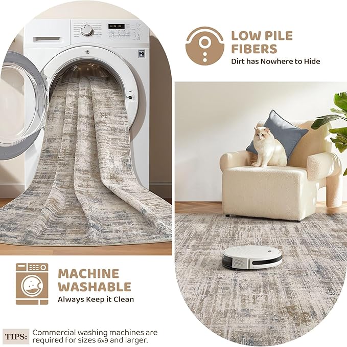 Area Rug for Living Room: 9x12 Washable Neutral Abstract Modern Soft Rugs Non Slip Indoor Floor Stain Resistant Large Carpet for Bedroom Dining Room Office Nursery - Brown