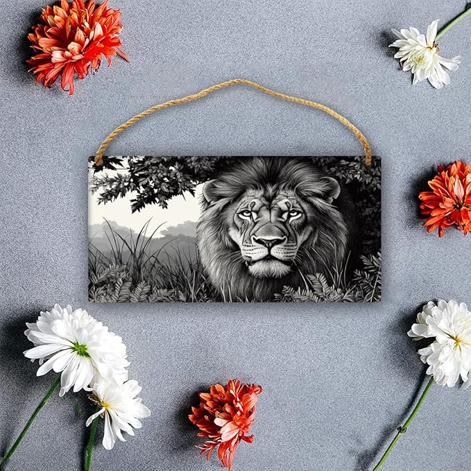 Rustic Monochrome Lion Decor wood plaques for crafts12x6 Inch, Wood Wall Decor & Plaque for Bedroom, Entryway, Kitchen & Nursery, Nice Home Decor Wood Sign for Craft Lovers