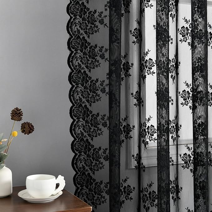 Kotile Black Lace Curtains 63 Inch Length 2 Panels, Country Rustic Floral Gothic Sheer Curtains for Halloween, Rod Pocket Vintage Privacy Sheer Lace Curtains, 42 x 63 Inch Each, 1 Pair, Black