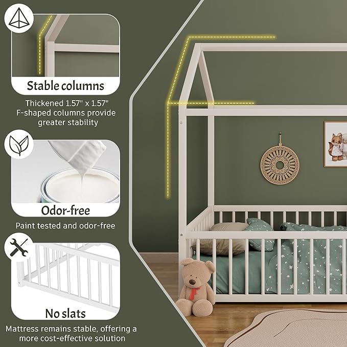 House Shape Twin Size Montessori House Bed Metal Floor Bed Twin Bedframe for Kids No Box Spring Needed, White