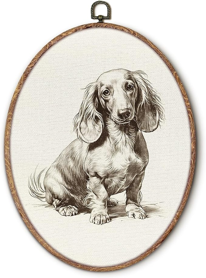 Vintage Dachshund Oval Wall Art Framed, Retro Weiner Dog Oval Wall Decor, Dachshund Weiner Dog Gifts Hanging Canvas Prints Wall Sculptures for Bedroom Living Room Decor, 8.5x11.5 Inch