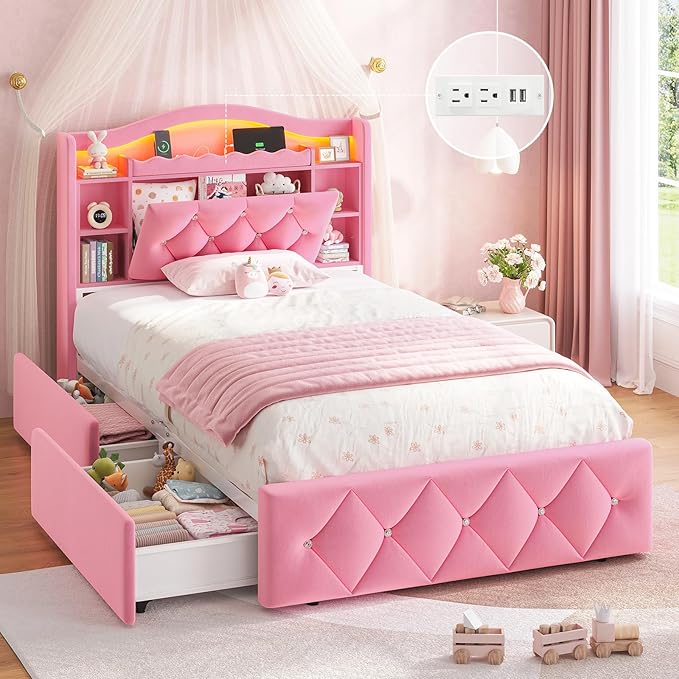 DICTAC Twin Size Bed Frame for Girls with Storage Drawers, Bookcase Headboard, LED Lights and Power Outlets, Diamond Tufted Velvet Upholstered Princess Platform Bed, Heavy-Duty Metal Support, Pink