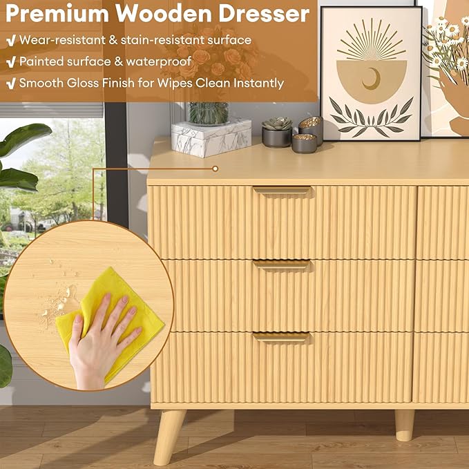 6 Drawer Dresser for Bedroom, 47" Wide Modern Chest of Drawers with Fluted Design, Dresser TV Stand, Boho Storage Wood Dresser Organizer for Living Room, Hallway, Closet, Entryway Natural