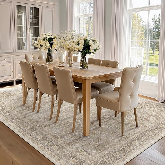 Beige Taupe Area Rug 6x9, Vintage Neutral Earth Tone Rugs for Living Room Bedroom, Washable Non Slip Low Pile Thin Carpet Rug for Dining Room Playroom Guest Room Home Office