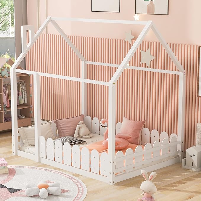 MERITLINE House Bed Wood Full Playhouse Bed Frame with Roof Twin Size House Bed for Girls Boys Kids, Box Spring Needed (White, Full)