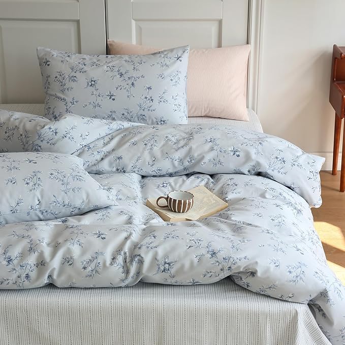 Twin Size Duvet Cover Vintage Blue Floral Duvet Cover Boho Coquette Bedding Set Lightweight Cotton Flower Comforter Cover Aesthetic Boho Farmhouse Bedding Flower Duvet Cover Twin