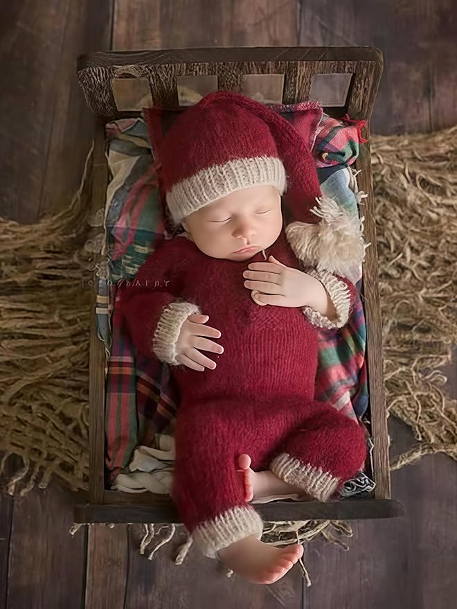 Newborn Christmas Outfit Boy Red Knit Romper & Santa Baby Hats, 1st Christmas Baby Boy Photoshoot Outfits Photo Props