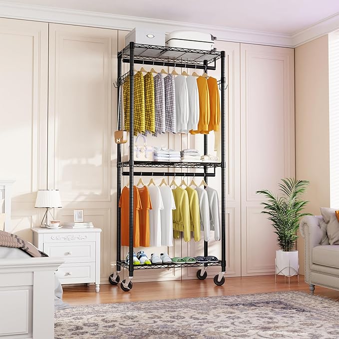 Portable Closet, Heavy Duty Clothes Rack on Wheels, Wardrobe Closet for Hanging Clothes, 77 Inch Tall Clothing Rack with Adjustable Mesh Shelves and Hanging Rails, Black