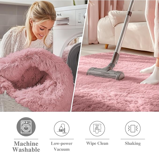 OLANLY Pale Pink Round Rugs for Bedroom - Machine Washable, 8 ft Circle Area Rugs for Living Room, Soft and Fluffy Shaggy Carpet for Teen Girls and Boys, Nursery Rooms, Dorms, Home Decor Aesthetic