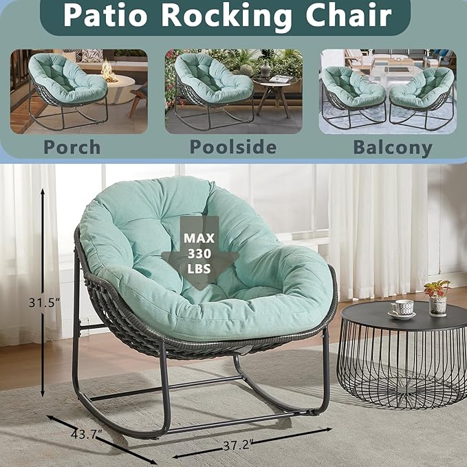 Oversized Outdoor Papasan Rocking Chair with Soft Cushion, Comfy Patio Egg Chair, Wicker Lounge Rocker for Balcony/Porch/Garden, Reinforced All Weather Rattan Frame, 330 lbs Support, Mint Green