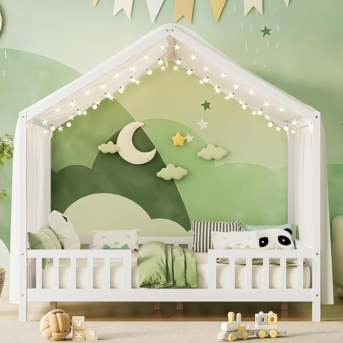 Bellemave Full House BedFrame with Canopy, Montessori Floor Bed, House Bed with Rails for Kids, White